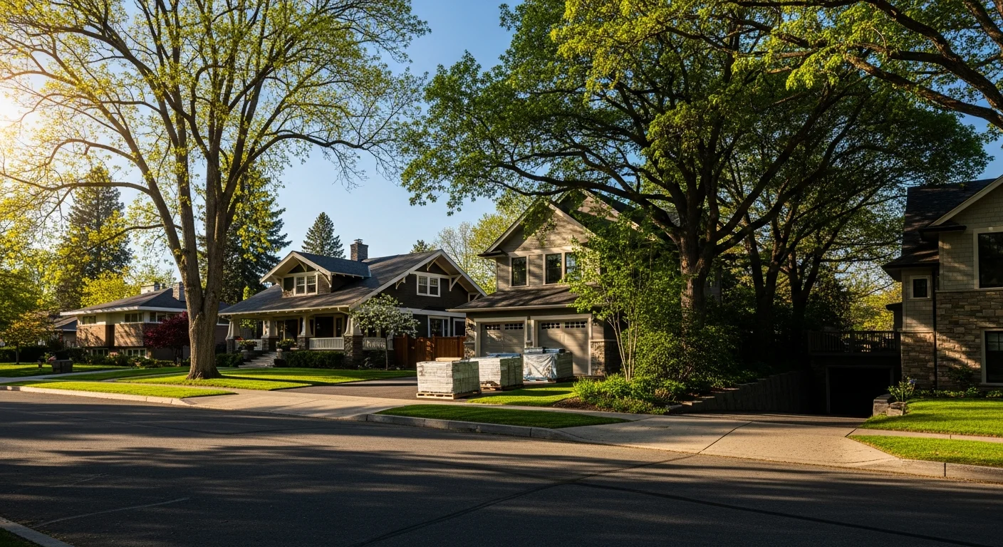 Spokane residential neighborhood with mature trees and varied home styles on a clear day.