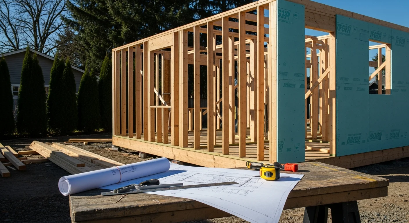 A newly completed detached ADU in a Spokane, WA residential backyard, showing a single-story structure with a private entrance and finished exterior siding. The unit sits on a concrete foundation with a separate walkway leading from the main house.