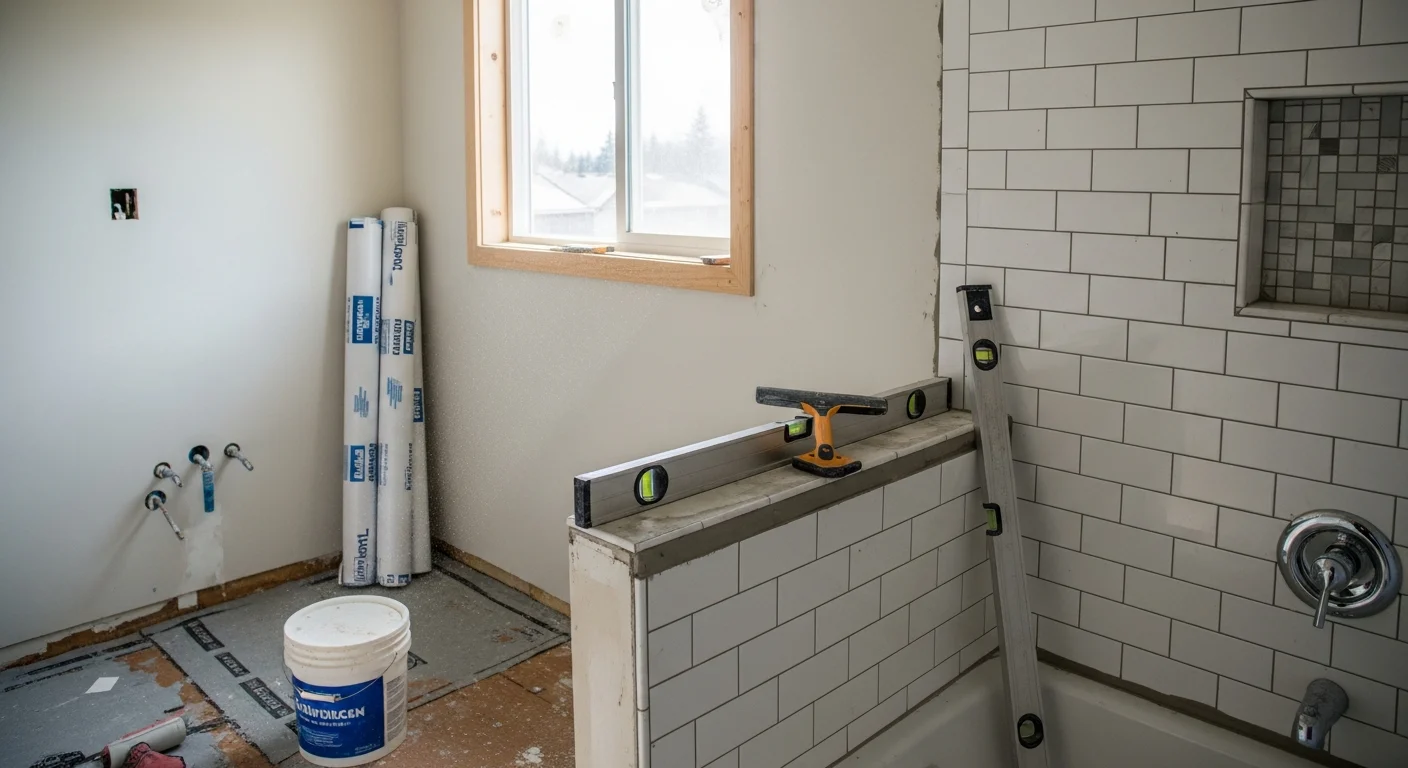 A finished bathroom remodel in a Spokane, WA home showing a tiled walk-in shower, new vanity, and updated flooring completed by T Martin Construction Services. The space reflects clean lines and durable materials suited to the Inland Northwest climate.