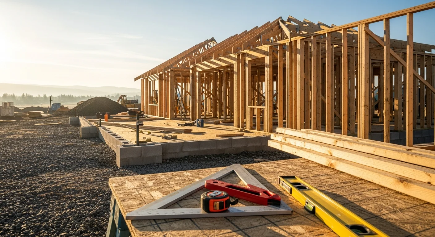 A newly completed custom home in Spokane, WA with a steep-pitched roof and wood-framed exterior walls, set on a residential lot with cleared site work visible. The home reflects construction methods suited to Eastern Washington's cold winters and high snow load requirements.