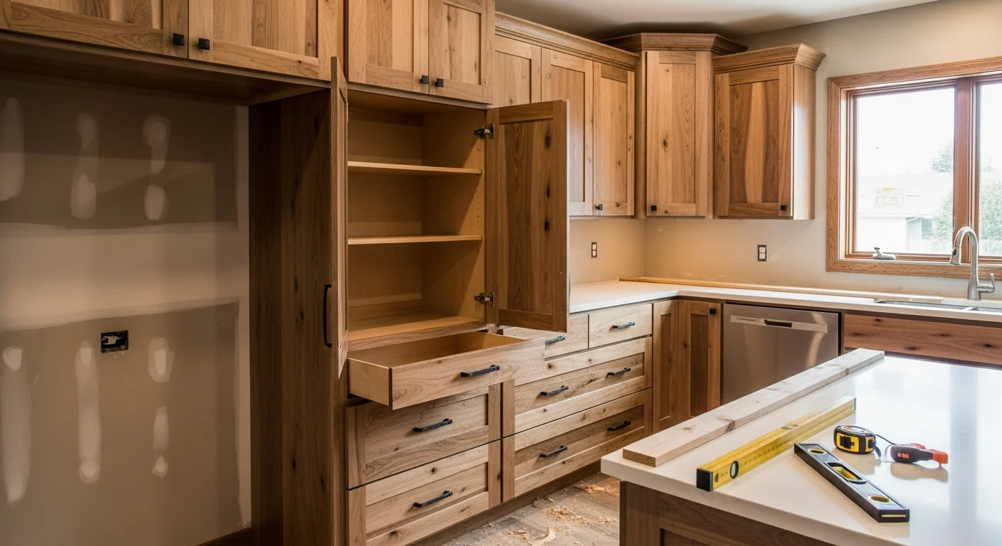 Newly installed custom kitchen cabinets in a Spokane, WA home, showing floor-to-ceiling cabinetry with fitted corner storage and consistent wood finish throughout. The kitchen layout uses the full wall run with no filler gaps, reflecting a built-to-measure installation by a local specialty contractor.