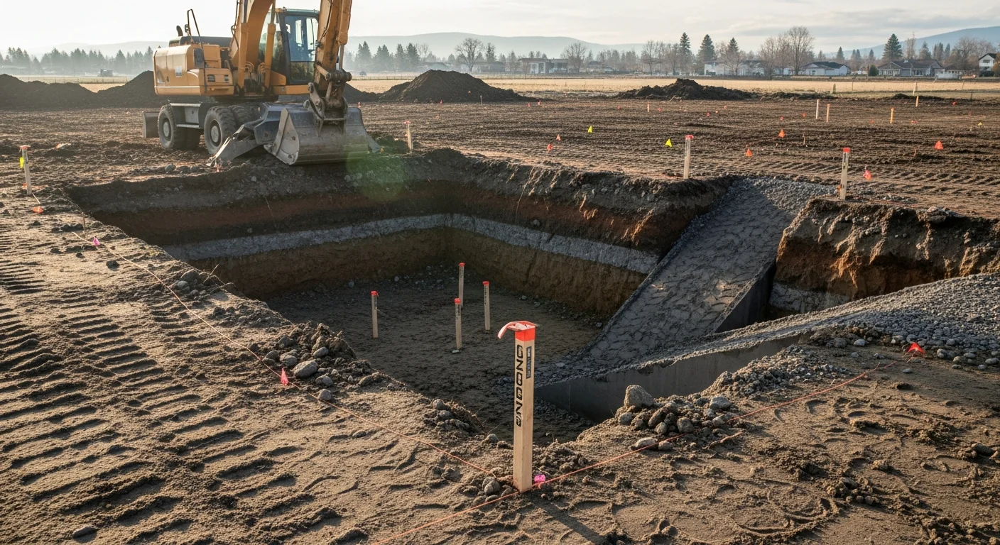 A tracked excavator digging a deep rectangular foundation trench on a residential lot in Spokane, WA, with exposed soil walls and graded dirt piled to the side. The surrounding area shows a cleared building site ready for concrete foundation work.