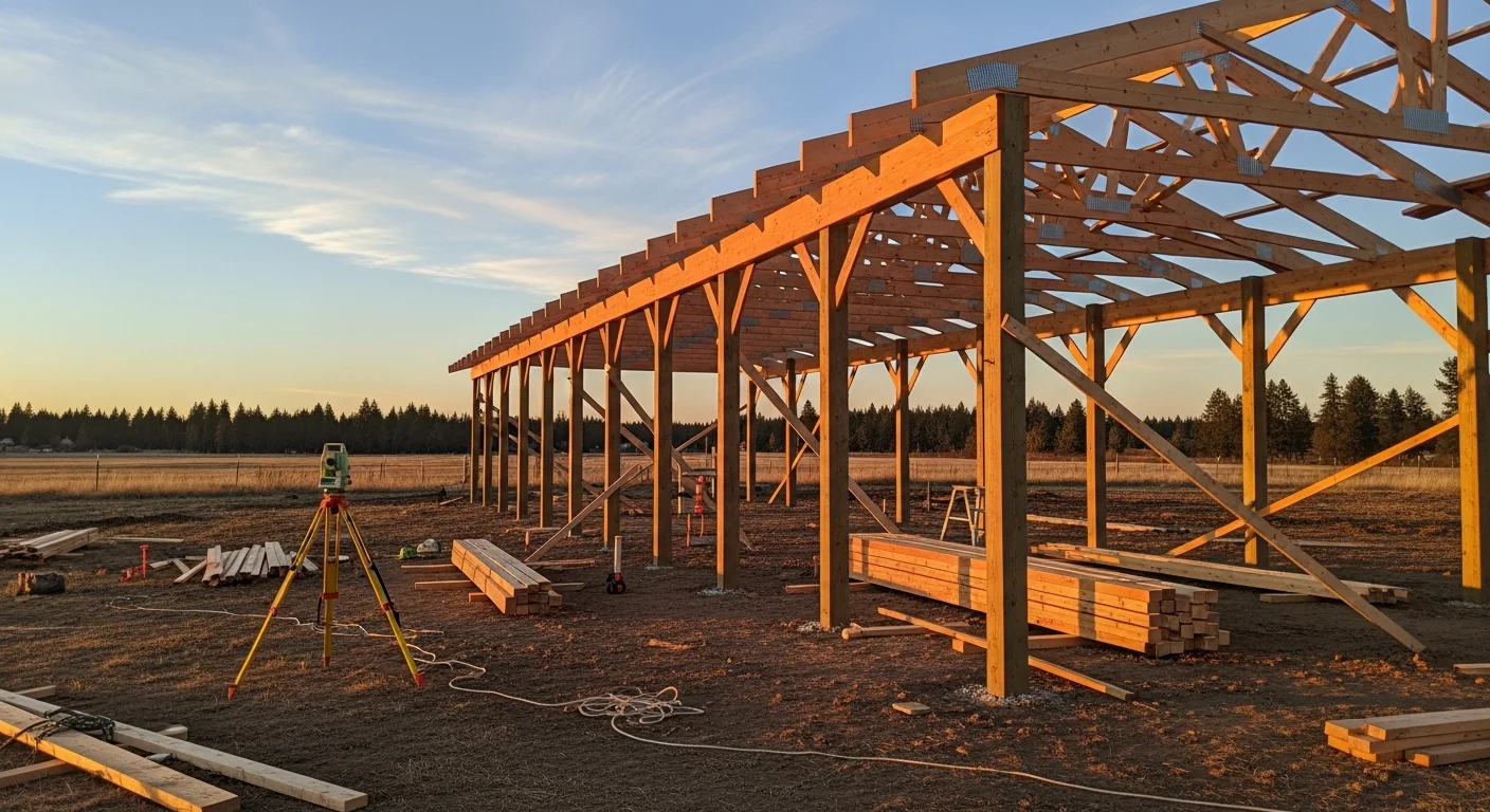 A newly constructed wood-framed horse barn on a rural Spokane, WA property, featuring multiple stall doors and a metal roof designed for heavy snow loads. The surrounding land shows open pasture typical of Spokane County acreage.