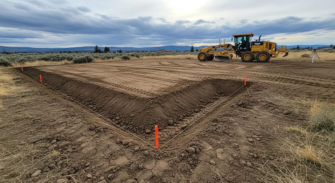 A tracked excavator grading and leveling a sloped residential lot in Spokane, WA, with freshly moved soil shaped into a smooth, even surface ready for construction. The surrounding terrain shows the varied hillside topography typical of properties in the Spokane region.