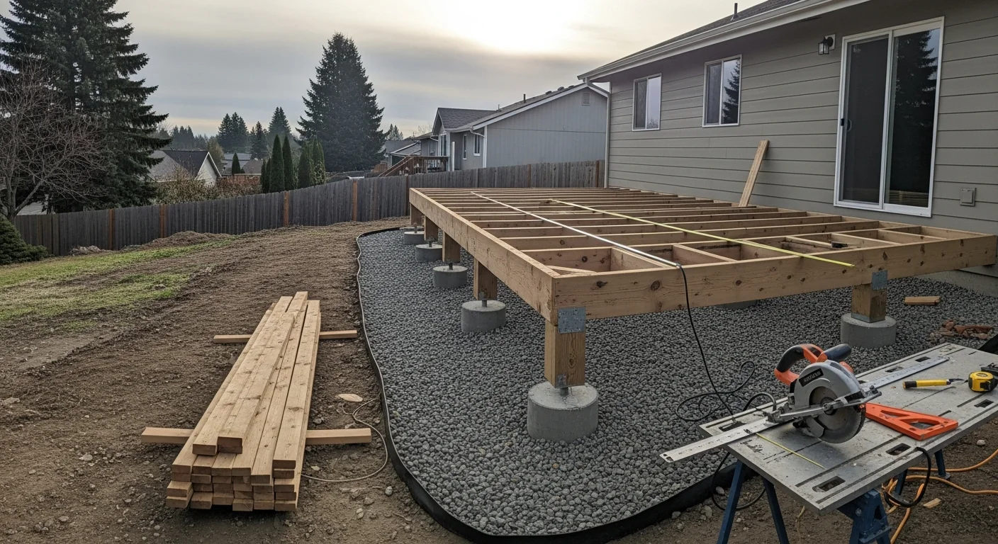 A completed backyard outdoor living space built by T Martin Construction Services in Spokane, WA, showing a covered deck with defined seating and dining zones set against a residential yard. The structure reflects construction suited to the Inland Northwest climate with solid framing and a weather-resistant overhead cover.