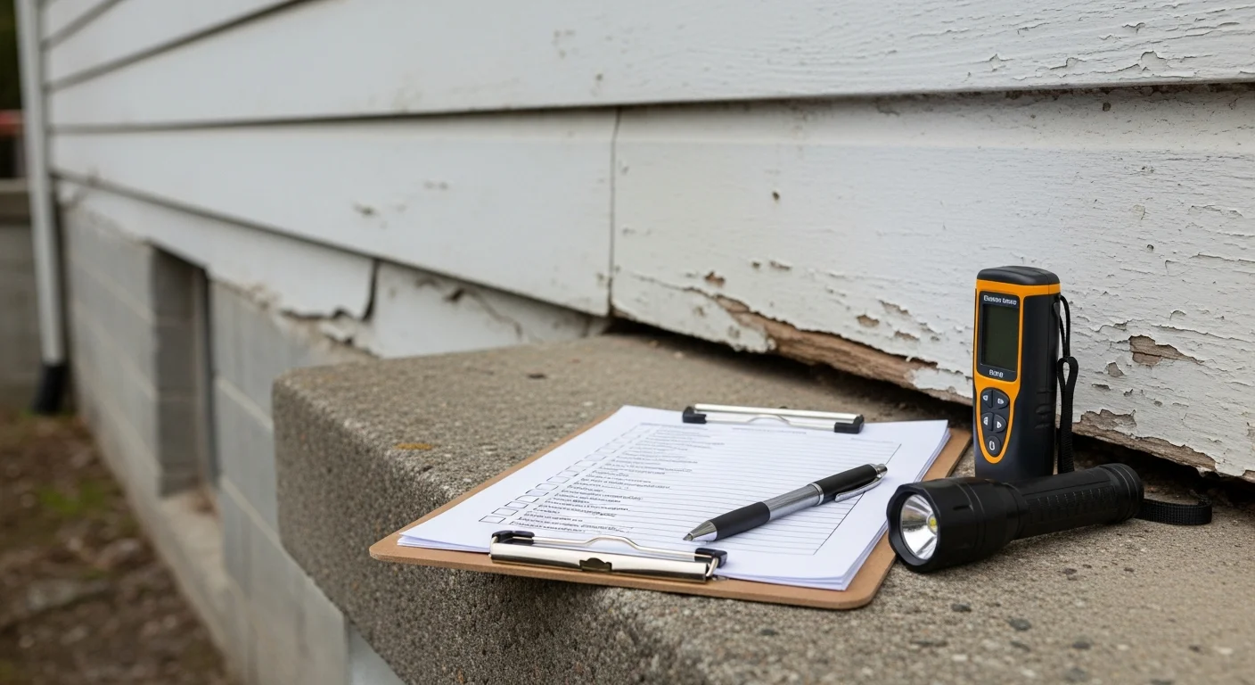 A property inspector from T Martin Construction Services reviewing the exterior siding and roofline of a residential rental property in Spokane, WA. The inspector records findings on a clipboard during a scheduled condition walkthrough.