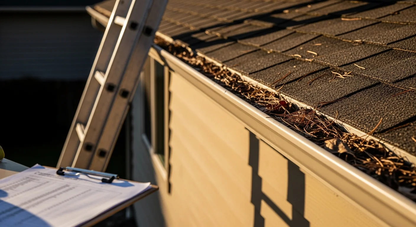 A property maintenance professional conducting a walkthrough inspection of a residential rental building exterior in Spokane, WA, reviewing roofing and siding condition during a clear Pacific Northwest day. Clipboard and inspection notes visible in the foreground with the property structure in the background.