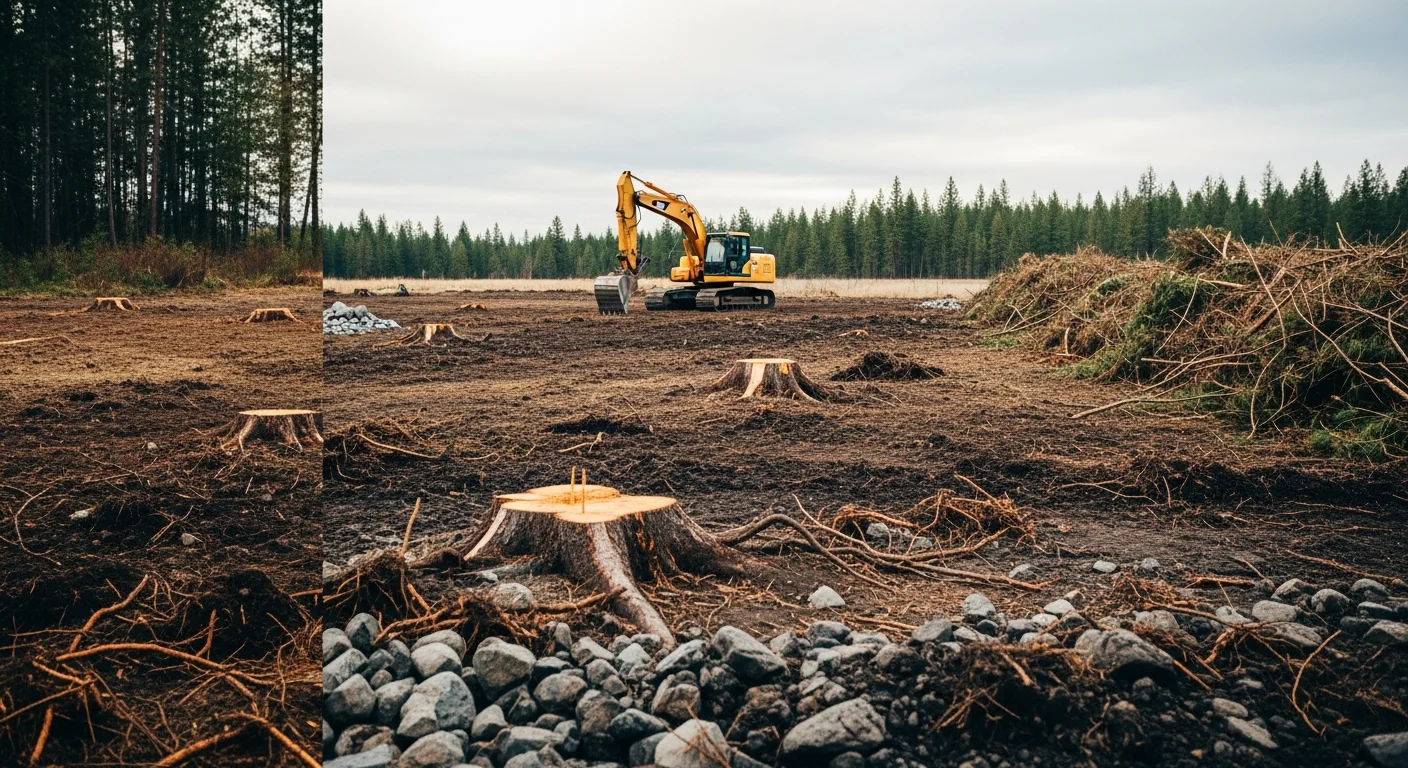 A freshly cleared residential lot in Spokane, WA showing bare, level ground after tree and brush removal. An excavator and debris piles are visible at the site edge, with surrounding pine trees in the background.