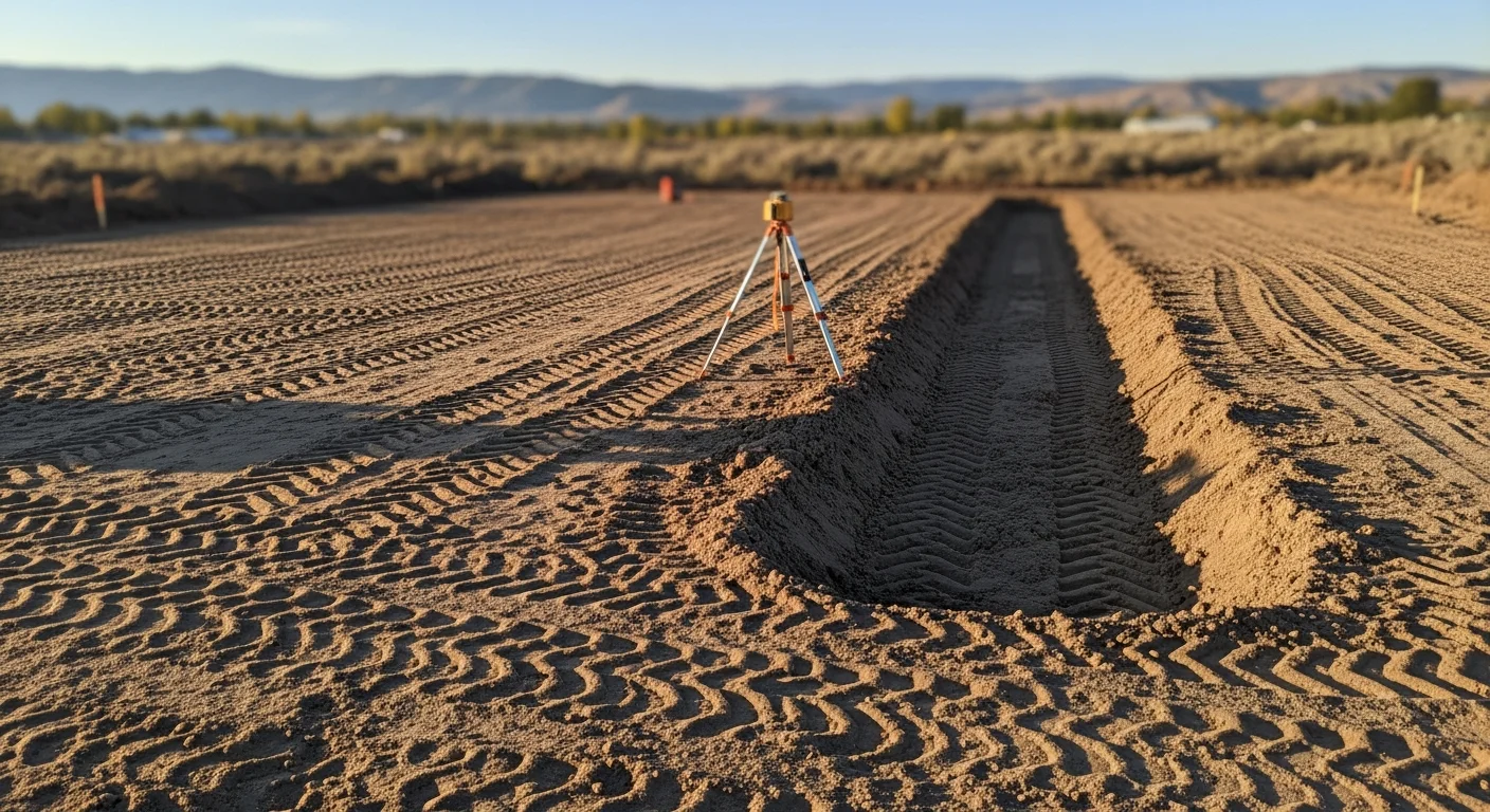 A freshly graded and cleared building lot in Spokane, WA with compacted subgrade and defined drainage slope visible across the site. An excavator sits at the edge of the prepared pad, ready for foundation work.