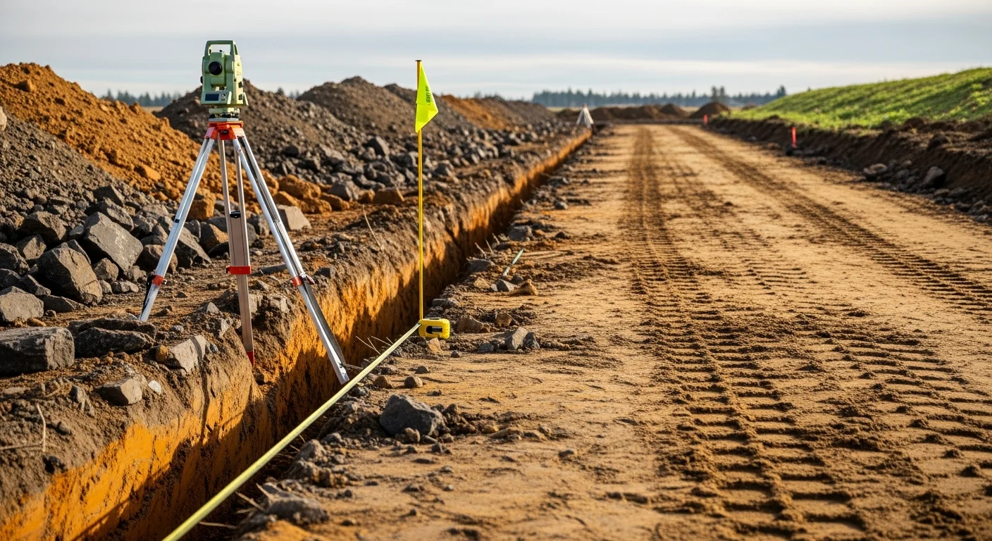A tracked excavator digging a foundation cut on a residential lot in Spokane, WA, with exposed clay and basalt soil visible along the trench walls. The surrounding site is cleared and rough-graded in preparation for new construction.