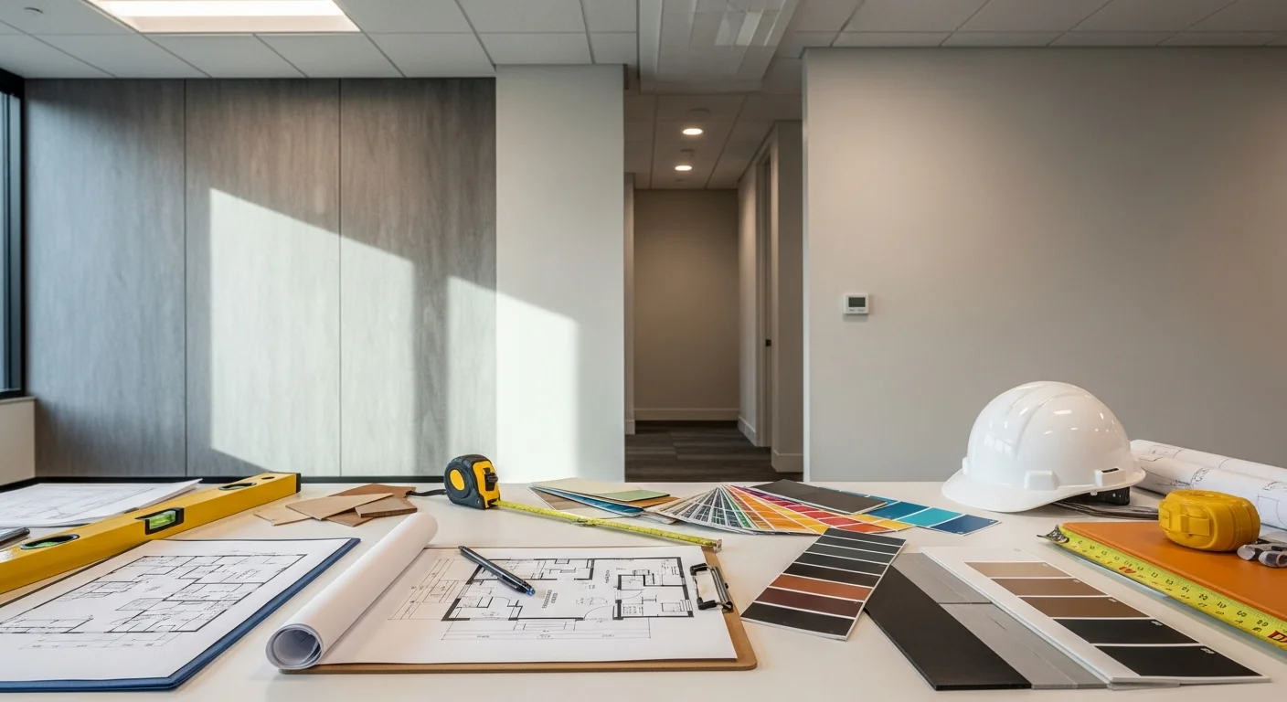 A commercial suite interior in a Spokane, WA multi-tenant building mid-coordination, showing a contractor reviewing plans with a site manager. The space is partially built out with framing visible and adjacent occupied units undisturbed.